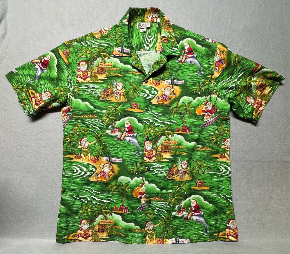 Aloha Republic Men's Hawaiian Christmas Shirt with Santa Surfing and Hula Print